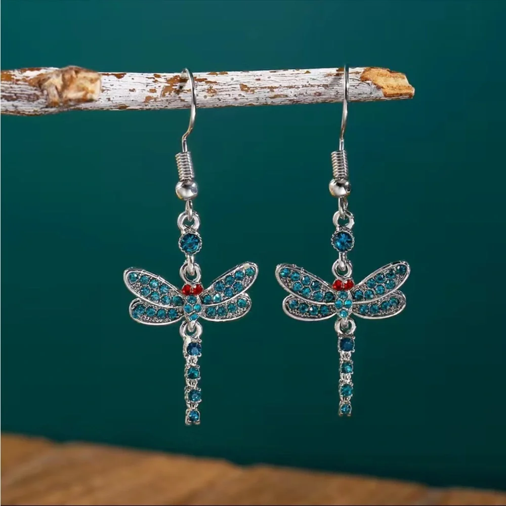 New Vintage Gorgeous Shiny Drop Dragonfly Shape Colorful Zircon Hook Earrings - Picture 2 of 5
